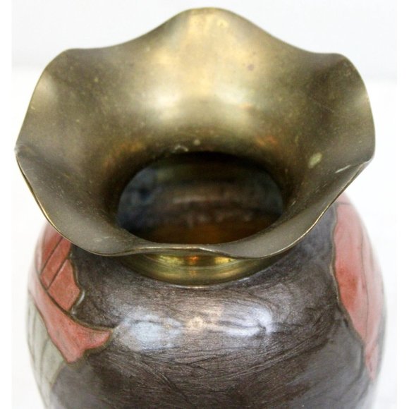 Vtg 80s Cloisonné Brass Vase Pink Lillies Brown Calla Cala Lily Ruffled Rim Top - Picture 7 of 10